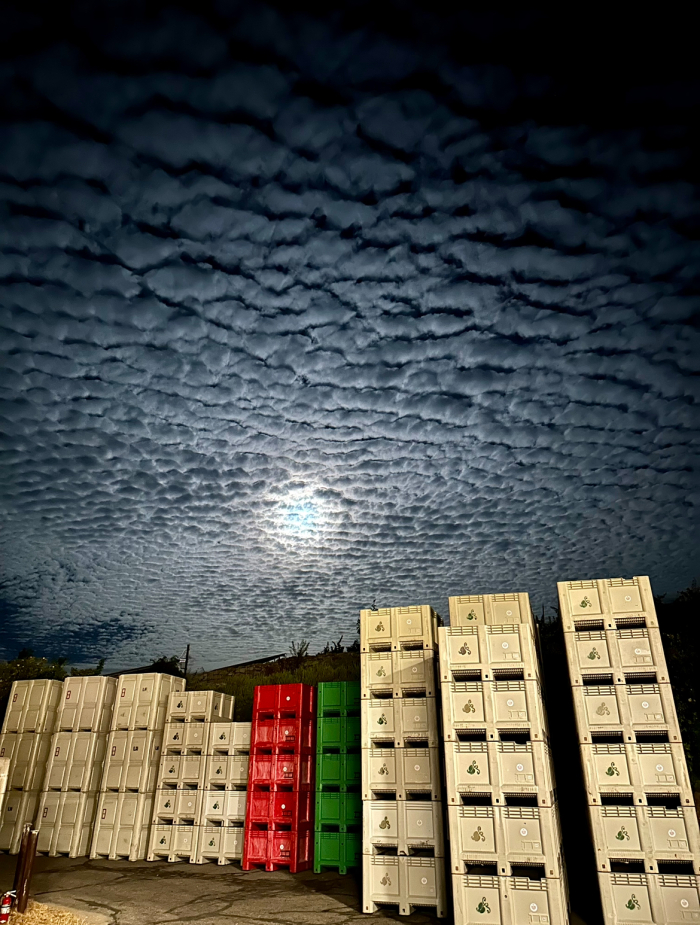 Moon behind clouds over bins Moon behind clouds over bins