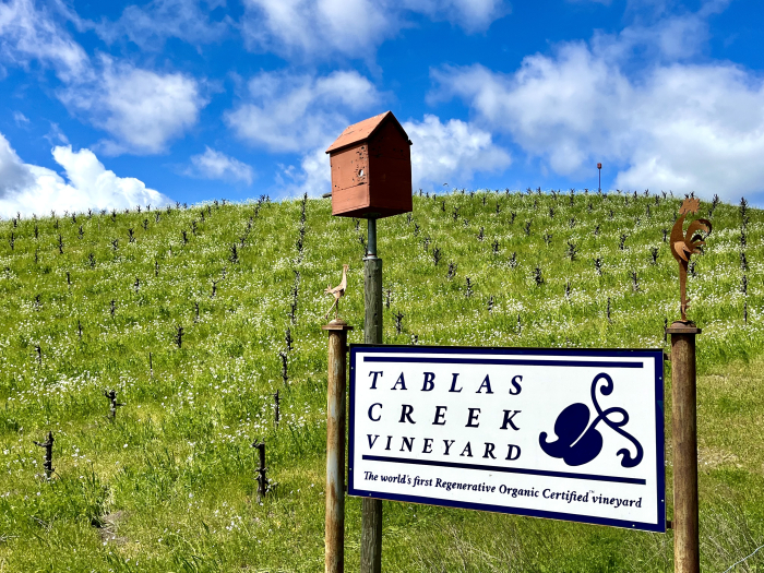 Tablas Creek sign and owl box on Scruffy Hill Tablas Creek sign and owl box on Scruffy Hill