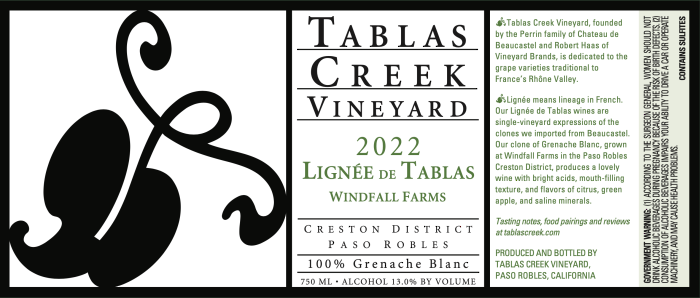 Lignee de Tablas Windfall Farms Grenache Blanc 2022 Label Lignee de Tablas Windfall Farms Grenache Blanc 2022 Label