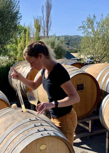 Chelsea tasting Roussanne from barrel vertical Chelsea tasting Roussanne from barrel vertical