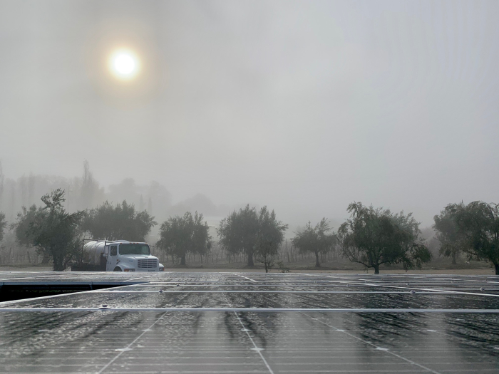 Solar panels vineyard truck and fog Solar panels vineyard truck and fog